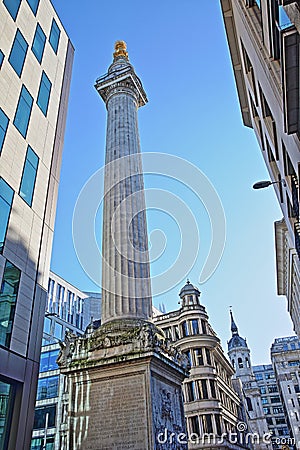 The Monument to the great fire in London surrounded by modern buildings in the financial district of the City of London with St Ma Editorial Stock Photo